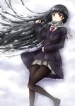  aoi_usagi bad_id bad_pixiv_id black_hair black_legwear blush brown_eyes long_hair necktie original pantyhose scarf skirt smile snow solo very_long_hair 