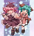  animal_ears bad_id bad_pixiv_id blush brown_dress brown_eyes choujuu_gigaku dress fang green_eyes green_hair hat kasodani_kyouko long_sleeves microphone multiple_girls mystia_lorelei one_eye_closed open_mouth pink_hair pointing pointing_at_viewer shirt smile star tail touhou wings zipang_(zip@ng_works) 