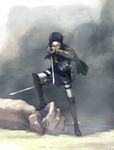  ascot bad_id bad_pixiv_id belt black_hair boots cape dual_wielding fingernails full_body giant highres holding levi_(shingeki_no_kyojin) male_focus na_shi paradis_military_uniform shingeki_no_kyojin simple_background solo sword thigh_strap three-dimensional_maneuver_gear weapon 