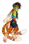  anthro clothing demicoeur feline fur male mammal multiple_tails orange_fur pawpads paws plain_background shorts slit_pupils solo stripes tiger vest white_background yellow_eyes 