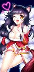  ahri animal_ears bare_shoulders black_hair braid breasts cleavage collarbone detached_sleeves facial_mark fang fox_ears fox_tail heart large_breasts league_of_legends long_hair multiple_tails one_eye_closed opalheart open_mouth smile solo tail whisker_markings yellow_eyes 