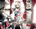  blonde_hair drums guitar headphones hello_kitty instrument kei long_hair microphone red_eyes thighhighs 