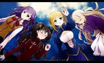  ahoge artoria_pendragon_(all) blonde_hair brown_hair copyright_name dress fate/stay_night fate_(series) gem green_eyes hair_ribbon illyasviel_von_einzbern long_hair matou_sakura multiple_girls purple_eyes purple_hair ribbon saber sahara_(charlotte) sky toosaka_rin two_side_up white_hair 