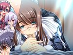  1boy 4girls aqua_eyes blush brown_hair fellatio game_cg glasses goshujinsama_daisuki ichijou_ema kuu_spitfire maid multiple_girls murakumo_sakura oral penis shishiouin_hime uncensored yatsuha_kanan 