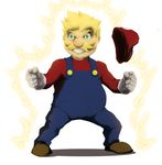  1boy angry anny-d aura blonde_hair cap clench_teeth clenched_hand clenched_teeth dragon_ball dragonball_z facial_hair fighting_stance fist green_eyes hat male male_focus mario mario_(series) mustache nintendo parody shoes solo super_mario_bros. super_saiyan suspenders teeth white_background 