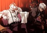  captain_(hellsing) couch dark_skin dark_skinned_male gloves glowing_glasses hellsing imasan major_(hellsing) male_focus multiple_boys necktie red_eyes sitting suspenders white_gloves white_hair 