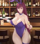  1girl alcohol animal_ears bar bare_shoulders bottle bow bowtie breasts bunny_ears champagne champagne_flute cleavage closed_mouth collarbone cup detached_collar drinking_glass fate/grand_order fate_(series) fishnet_pantyhose fishnets highleg highleg_leotard highres large_breasts leg_garter leotard long_hair looking_at_viewer pantyhose purple_hair red_eyes scathach_(fate)_(all) scathach_(fate/grand_order) siu_hing5262 solo tray wrist_cuffs 