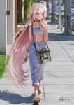  1girl bag bare_shoulders black_choker blue_eyes blurry blurry_background bracelet braid cellphone choker city commentary day flip-flops full_body handbag highres holding holding_cellphone holding_phone ia_(vocaloid) jewelry long_hair looking_to_the_side midriff open_mouth outdoors pants parking_meter phone pink_hair realistic sandals shoulder_bag sidewalk signature solo strapless sweatpants takepon1123 tubetop twin_braids very_long_hair vocaloid walking 
