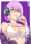  1girl absurdres bikini breasts cleavage cracked_lens disdain drinking drinking_straw front-tie_bikini front-tie_top glasses headphones highres large_breasts looking_down purple_background purple_hair red_eyes shinjou_akane simple_background ssss.gridman swimsuit tuskryo upper_body 