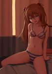  bare_arms bare_shoulders bed blue_bra blue_eyes blue_panties bra breasts brown_hair cameltoe collarbone curtains hair_ornament jitome long_hair long_sleeves looking_at_viewer murata_isshin navel neon_genesis_evangelion on_bed panties shikinami_asuka_langley sitting sitting_on_bed small_breasts solo souryuu_asuka_langley spread_legs striped striped_panties underwear underwear_only white_bra white_panties window 