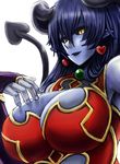  1girl astaroth_(shinrabanshou) bare_shoulders blue_hair blue_skin breasts canpy dark_skin demon_girl demon_tail earrings elbow_gloves female gloves horns huge_breasts jewelry long_hair pointy_ears shinrabanshou simple_background solo succubus tail upper_body white_background yellow_eyes 
