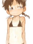  1girl akita_(akitaland_gothic) akitaland_gothic bare_shoulders bikini black_eyes black_hair braid character_name horns navel original short_hair simple_background solo swimsuit twin_braids wavy_mouth white_background yuusyawwww 