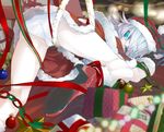  bell blue_eyes blurry christmas depth_of_field gift hat high_heels highres izayoi_sakuya kumonji_aruto ornament panties ribbon santa_costume santa_hat shoes silver_hair solo star sweat touhou underwear white_panties 