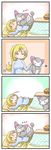  4koma :3 =_= animal_ears artist_self-insert blonde_hair bowl cat_ears cat_tail closed_eyes comic food fruit gen_4_pokemon highres kotatsu long_hair mandarin_orange messy_hair pillow pokemon pokemon_(creature) pokemon_(game) pokemon_dppt purugly ribbed_sweater ribbon shirona_(pokemon) silent_comic sleeping sougetsu_(yosinoya35) squiggle sweater table tail truth whiskers zzz 