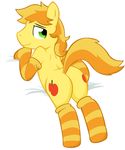  braeburn_(mlp) butt cutie_mark equine feral friendship_is_magic fur green_eyes hair horse looking_at_viewer male mammal my_little_pony nannurs on_bed plain_background pony presenting presenting_hindquarters socks solo white_background yellow_fur 