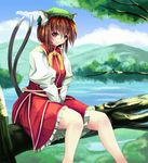  animal_ears azusayumi_meme bad_id bad_pixiv_id between_legs brown_eyes brown_hair cat_ears cat_tail chen dress earrings hand_between_legs hat jewelry lake mountain multiple_tails short_hair sitting smile solo tail touhou tree 