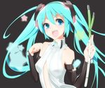  aqua_eyes aqua_hair black_background bridal_gauntlets center_opening hatsune_miku hatsune_miku_(append) highres long_hair masajiirasto necktie open_mouth simple_background solo spring_onion star twintails vocaloid vocaloid_append 