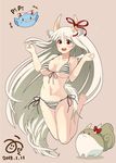  :3 animal_ears bare_legs bare_shoulders barefoot bikini blush blush_stickers breasts cow_ears ex-keine extra_ears fujiwara_no_mokou fujiwara_no_mokou_(phoenix) full_body highres horns kamishirasawa_keine large_breasts long_hair md5_mismatch onion_pikupiku open_mouth red_eyes side-tie_bikini silver_hair simple_background solo sukusuku_hakutaku swimsuit touhou very_long_hair 