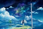  black_hair cloud clouds feathered_wings long_hair megatruh power_lines sky tree walking wings 