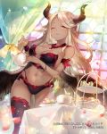  1girl bangs bare_shoulders black_legwear black_panties blurry blurry_foreground blush braid breasts brown_wings character_request cleavage closed_mouth collarbone curled_horns curtains dark_skin depth_of_field erect_nipples eyebrows_visible_through_hair feathered_wings food holding holding_spoon holding_teapot large_breasts light_brown_hair long_hair looking_at_viewer lost_crusade macaron navel one_eye_closed panties parted_bangs petals sandwich shinia skindentation solo sparkle spoon stained_glass sweets table teapot thighhighs tiered_tray underwear very_long_hair watermark wings 