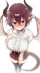  1girl absurdres black_legwear blush breasts dragon_girl dragon_horns dragon_tail eyebrows_visible_through_hair granblue_fantasy grea_(shingeki_no_bahamut) greatmosu hair_between_eyes hands_on_own_chest highres horns large_breasts long_sleeves looking_at_viewer manaria_friends pointy_ears purple_hair red_eyes shingeki_no_bahamut shirt short_hair simple_background sketch skirt tail thighhighs visible_air white_shirt 