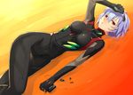  arm_up ayanami_rei black_bodysuit blue_hair bodysuit crossed_legs earphones earphones_removed evangelion:_3.0_you_can_(not)_redo hair_ornament lcl lying neon_genesis_evangelion partially_submerged plugsuit prime rebuild_of_evangelion red_eyes short_hair solo thigh_gap walkman 