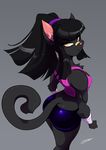  amber_eyes animal_ears band-aid bandage biceps black_fur black_hair butt cat cat_ears cat_tail chalo clothing feline female fur grin hair las_lindas mammal muscles muscular_female ponytail rachael_saleigh shirt shorts spandex spandex_shorts tank_top tape wide_hips yellow_eyes 