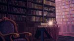  absurdres acrylic_paint_(medium) book book_stack bookmark bookshelf cabinet chair doorknob glowing highres ink_bottle lamp library light no_humans quill reflective_floor scenery shading shadow table tablecloth tile_floor tiles touhou traditional_media u-joe voile 