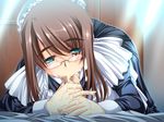  1girl aqua_eyes blush brown_hair fellatio game_cg glasses goshujinsama_daisuki ichijou_ema maid oral penis uncensored yatsuha_kanan 