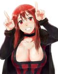  breasts choker cleavage fur_trim grin head_tilt horns_pose large_breasts long_hair looking_at_viewer maou_(maoyuu) maoyuu_maou_yuusha nathaniel_pennel red_eyes red_hair smile solo upper_body 