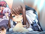  1boy 4girls aqua_eyes blush brown_hair fellatio game_cg glasses goshujinsama_daisuki ichijou_ema kuu_spitfire maid multiple_girls murakumo_sakura oral penis shishiouin_hime uncensored yatsuha_kanan 