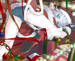  bell black_panties blue_eyes blurry christmas depth_of_field gift hat high_heels highres izayoi_sakuya kumonji_aruto ornament panties ribbon santa_costume santa_hat shoes silver_hair solo star sweat touhou underwear 