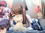  1boy 4girls aqua_eyes blush brown_hair fellatio game_cg glasses goshujinsama_daisuki ichijou_ema kuu_spitfire maid multiple_girls murakumo_sakura oral penis shishiouin_hime uncensored yatsuha_kanan 