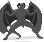  abs anthro balls biceps black_skin claws dragon fangs flaccid flexing front front_view grey_eyes greyscale grin hindpaw horn male monochrome muscles nipples nude paws pecs penis plain_background plantigrade pose presenting scales scalie scar solo spelunker_sal spots spread_legs spreading standing toe_claws toes toned tongue uncut vein white_background wings 