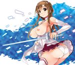  armpits ass asuna_(sao) between_breasts braid breasts breasts_outside brown_eyes brown_hair detached_sleeves large_breasts long_hair nipples panties shirota_dai skirt smile solo sword sword_art_online thighhighs twisted_torso underwear weapon white_legwear white_panties 