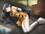  1girl 9110045taka arms_behind_back bdsm black_hair bondage bound bound_ankles bound_arms bound_wrists crotch_rope halloween hogtie long_hair lying no_panties on_side rope shibari solo taka_(pixiv33768) thighhighs tied_up 