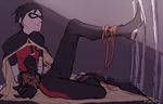  batman_(series) bdsm black_hair bondage bound bound_wrists cage cape dc_comics dick_grayson domino_mask frown gloves ludwig_mayer male male_focus mask mayer pixiv_manga_sample prisoner robin_(dc) rope solo young_justice:_invasion 