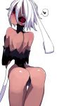  1girl ass back black_sclera dark_skin female from_behind heart kimura_akiyoshi looking_back original red_eyes simple_background solo spoken_heart white_background white_hair 