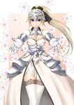  210ten alternate_costume alternate_hairstyle armor armored_dress bow breasts cleavage fate/apocrypha fate_(series) flower gauntlets hair_bow headpiece jeanne_d'arc_(fate) jeanne_d'arc_(fate)_(all) lace lace-trimmed_thighhighs large_breasts lily_(flower) long_hair outstretched_hand ponytail purple_eyes solo thighhighs white_legwear 