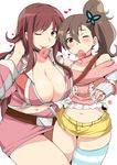  ;) akana_rui aoi_manabu belt breasts butterfly_hair_ornament chousoku_henkei_gyrozetter cleavage condom condom_in_mouth flat_chest hair_ornament heart huge_breasts inaba_rinne looking_at_viewer mouth_hold multiple_girls navel one_eye_closed red_hair single_thighhigh skirt smile striped striped_legwear thighhighs thighs wince 
