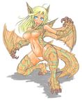  animal_ears blonde_hair blue_eyes breasts dragon dragon_girl large_breasts maebari midriff monster_girl monster_hunter open_mouth personification solo tagane tail teeth tigrex underboob wings wyvern 