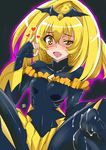  aoi_manabu bad_end_peace bad_end_precure black_bodysuit blonde_hair blush bodysuit breasts covered_navel cum cum_on_body cum_on_clothes cum_on_lower_body dark_persona fang fingerless_gloves gloves heart long_hair medium_breasts open_mouth precure smile_precure! solo tiara yellow_eyes 