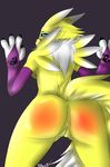  anthro blue_eyes butt canine cum digimon elbow_gloves female fox gloves looking_at_viewer looking_back mammal pussy pussy_juice renamon renamonpaws solo spanking 