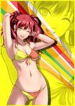  ;d armpits arms_up ass_visible_through_thighs bikini breasts contrapposto dark_persona earrings jewelry k2isu kujikawa_rise medium_breasts navel one_eye_closed open_mouth persona persona_4 red_hair smile solo standing swimsuit twintails underboob yellow_eyes zoom_layer 