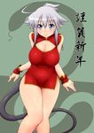  ahoge alumina blue_eyes blush breasts china_dress chinese_clothes cleavage collarbone curvy dress from_above large_breasts looking_up new_year original pointy_ears silhouette silver_hair smile snake solo tail thigh_gap zin_(goraku_hiroba) 