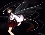  bangs black_hair butterfly_wings flower hair_ornament highres inu_x_boku_ss japanese_clothes long_hair lu_(tabasa1991) miko purple_eyes shirakiin_ririchiyo simple_background solo wings 