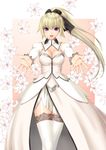  210ten :d alternate_costume alternate_hairstyle breasts cleavage fate/apocrypha fate_(series) flower jeanne_d'arc_(fate) jeanne_d'arc_(fate)_(all) lace lace-trimmed_thighhighs large_breasts lily_(flower) long_hair open_mouth outstretched_hand ponytail purple_eyes smile solo thighhighs white_legwear 
