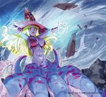  blonde_hair blue_skin boat breasts brown_hair curly_hair hat kusaka_souji large_breasts long_hair maelstorm monster_collection monster_girl navel official_art open_mouth outstretched_arms outstretched_hand rock solo submerged tentacles watercraft whirlpool witch_hat 