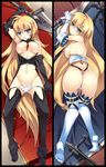  arm_up ass axe bare_shoulders black_legwear blonde_hair blue_eyes blush breasts dakimakura elbow_gloves gloves groin highres large_breasts long_hair looking_at_viewer lying multiple_views nakajou navel nipples on_back on_stomach open_clothes open_mouth original panties panty_pull sword thighhighs underwear unzipped weapon white_legwear 