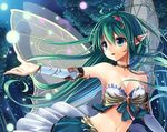  1girl blue_eyes fairy gloves green_hair hair_ornament long_gloves long_hair open_mouth original smile solo sparkle taletale wings 